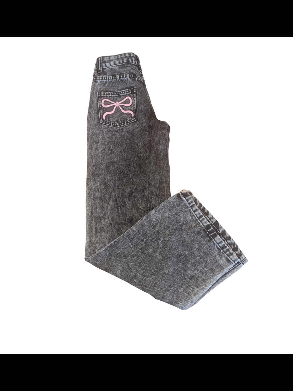 EUC Disclosure Womens 00 23 Black Acid Wash Wide Leg Pink Bow Detailing Jeans
